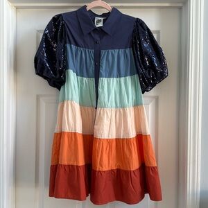 QUEEN OF SPARKLES Black and Blue Tiered Puff Sleeve Mini Dress